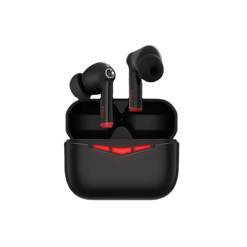 Black true wireless gaming earbuds and charging case with three pairs of silicone earmuffs on a grey background.