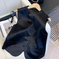 Black satin ladies' sleeveless vest with loose fit design and splicing detailing