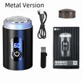 Black portable USB rechargeable shaver with cleaning brush and protective cover on a white background