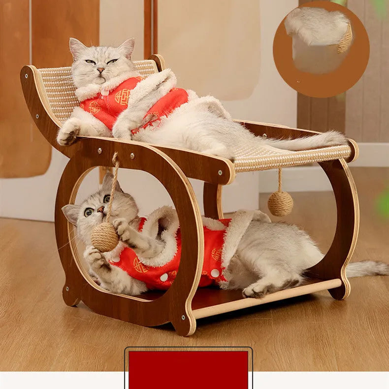 Solid wood cat bed with sisal scratching surface and recessed sleeping area in walnut colour finish.
