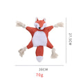 Brown plush fox dog toy with embroidered eyes, cotton rope arms and legs, and a squeaker in its head.