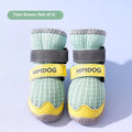 Pair of light blue cartoon-style dog shoes with breathable PU material on a white background.