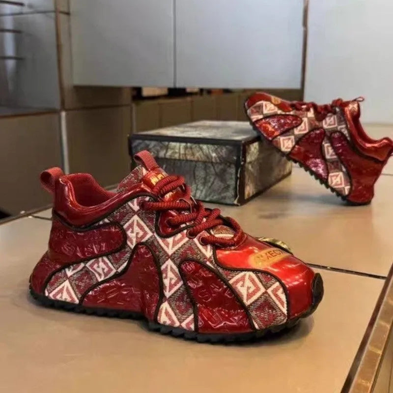 Men's platform casual shoes with embroidery stitching in black, beige and scarlet colours