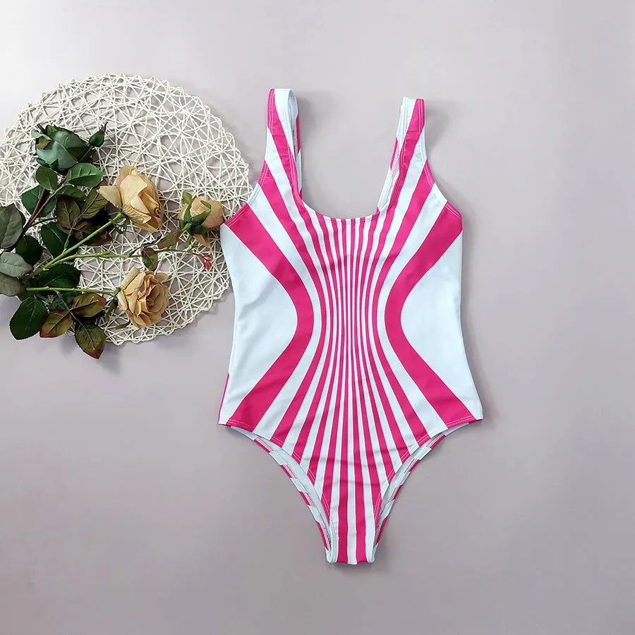 Pink striped one-piece swimsuit for women on a mannequin, showing front and rear digital print detail.
