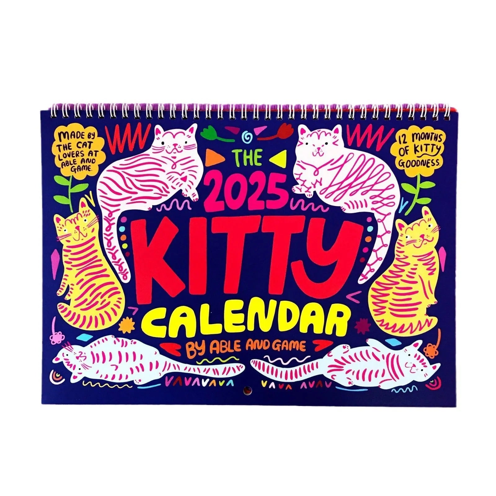 A3 landscape cat calendar wall planner showing monthly feline illustrations
