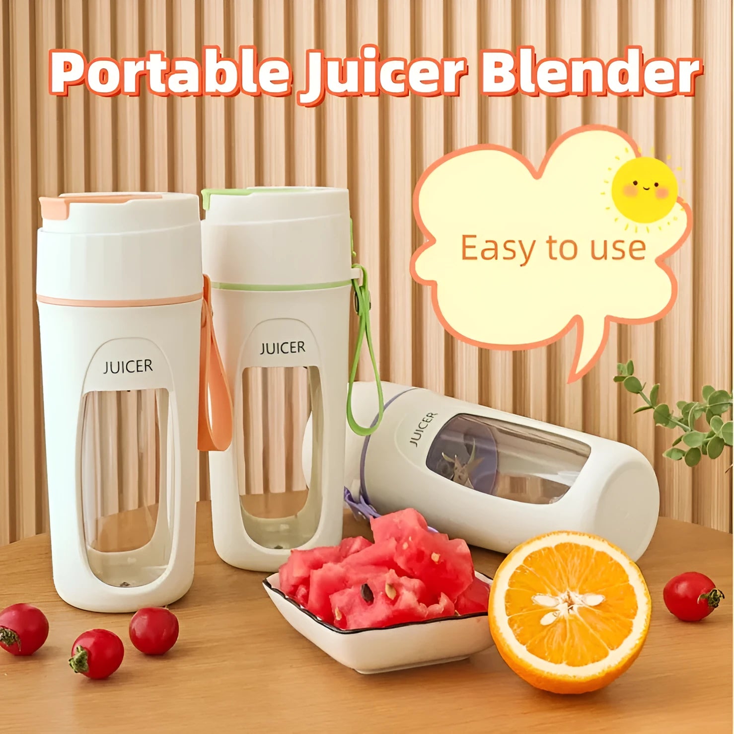 Portable electric juicer cup with USB cable in fresh orange, grass green, or light purple colour.