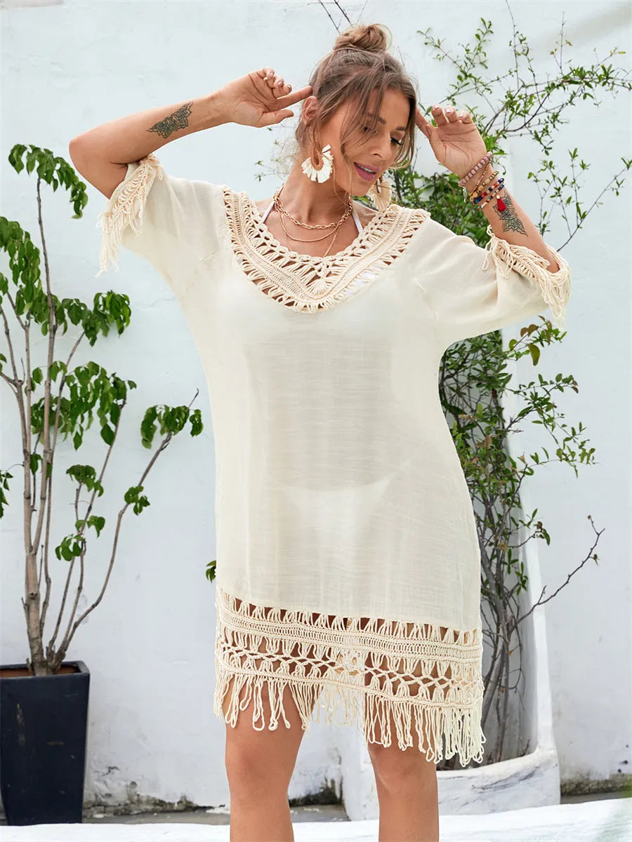 Apricot coloured hand crocheted women's long beach dress for swimming