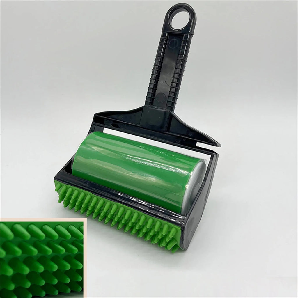 Yellow and green portable washable hair remover with adhesive roller for pet hair and lint.