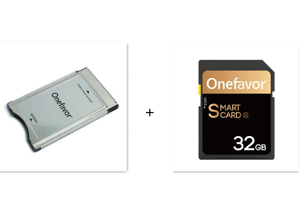 SD to PCMCIA adapter card with stainless steel housing and inserted 32GB SD card for Mercedes-Benz vehicles.