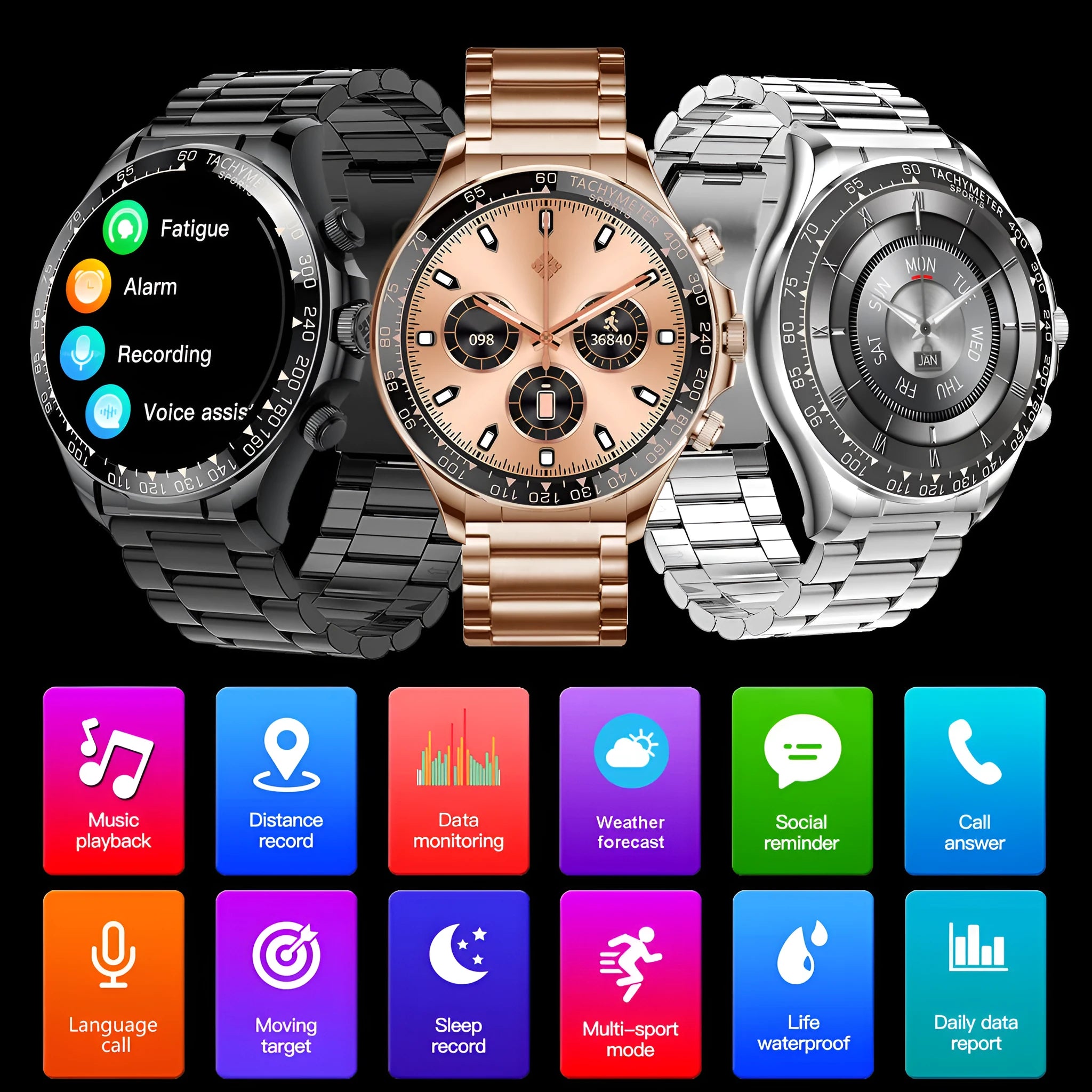 Round screen smart watch EX108 with black silicone band showing time display on IPS touch screen