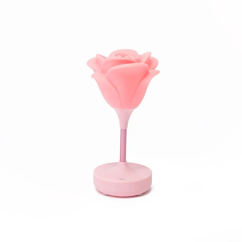 Touch rose USB night light in silicone and ABS, pink colour, showing three brightness level buttons on base