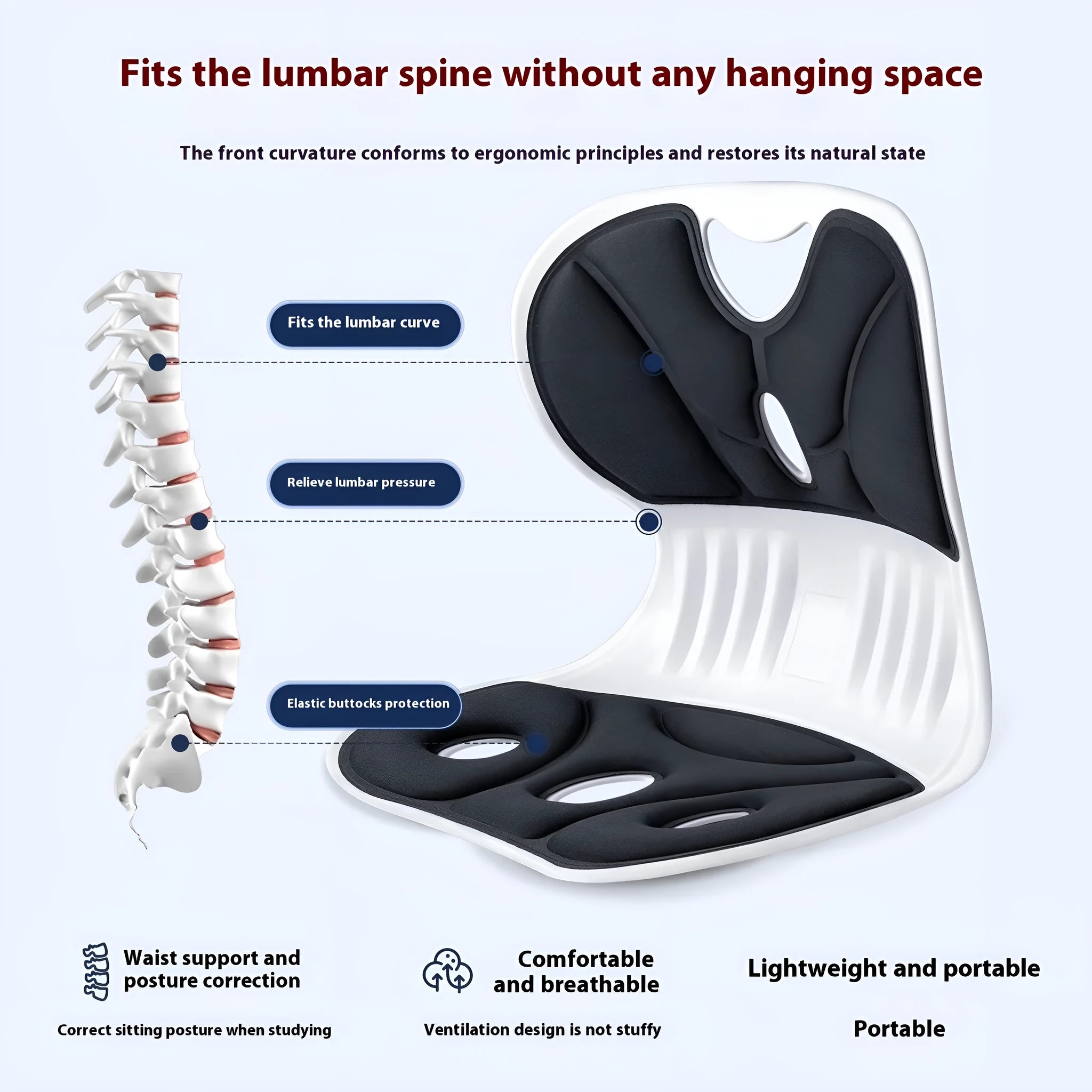Japanese-style grey lumbar support cushion for office chair with sponge filling