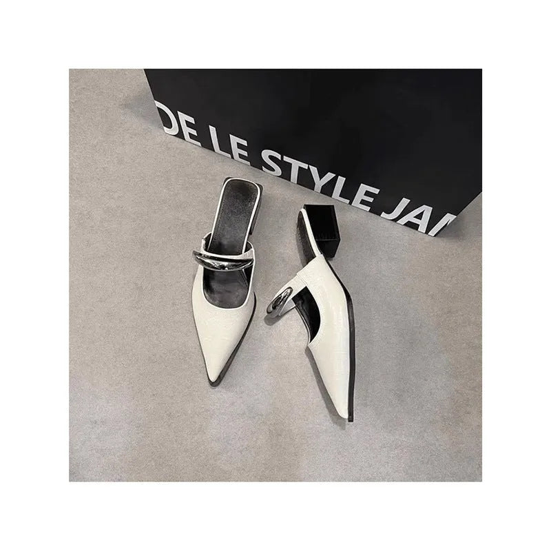 Women's closed toe half slippers with metal buckle, French style, silver colour, PU upper, rubber sole