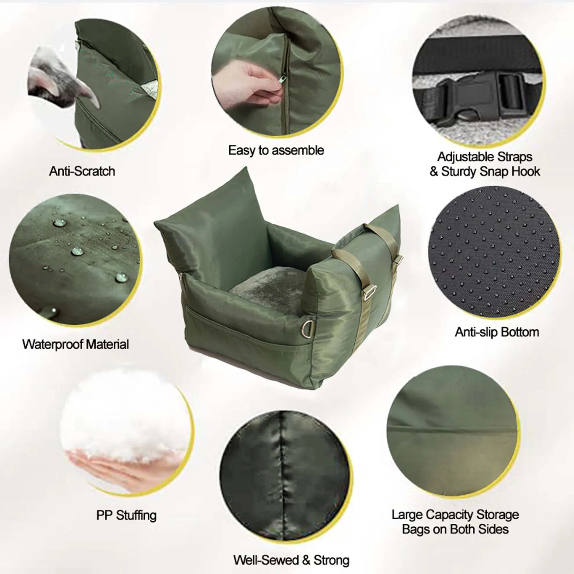 Waterproof non-slip car kennel pet bag for dogs olive green M size 55x55x30 cm