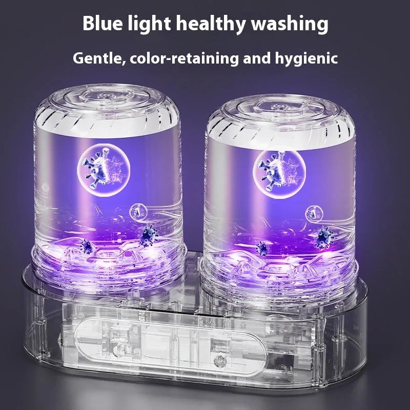 White double bucket mini washing machine with USB cable, showing two separate wash tubs.