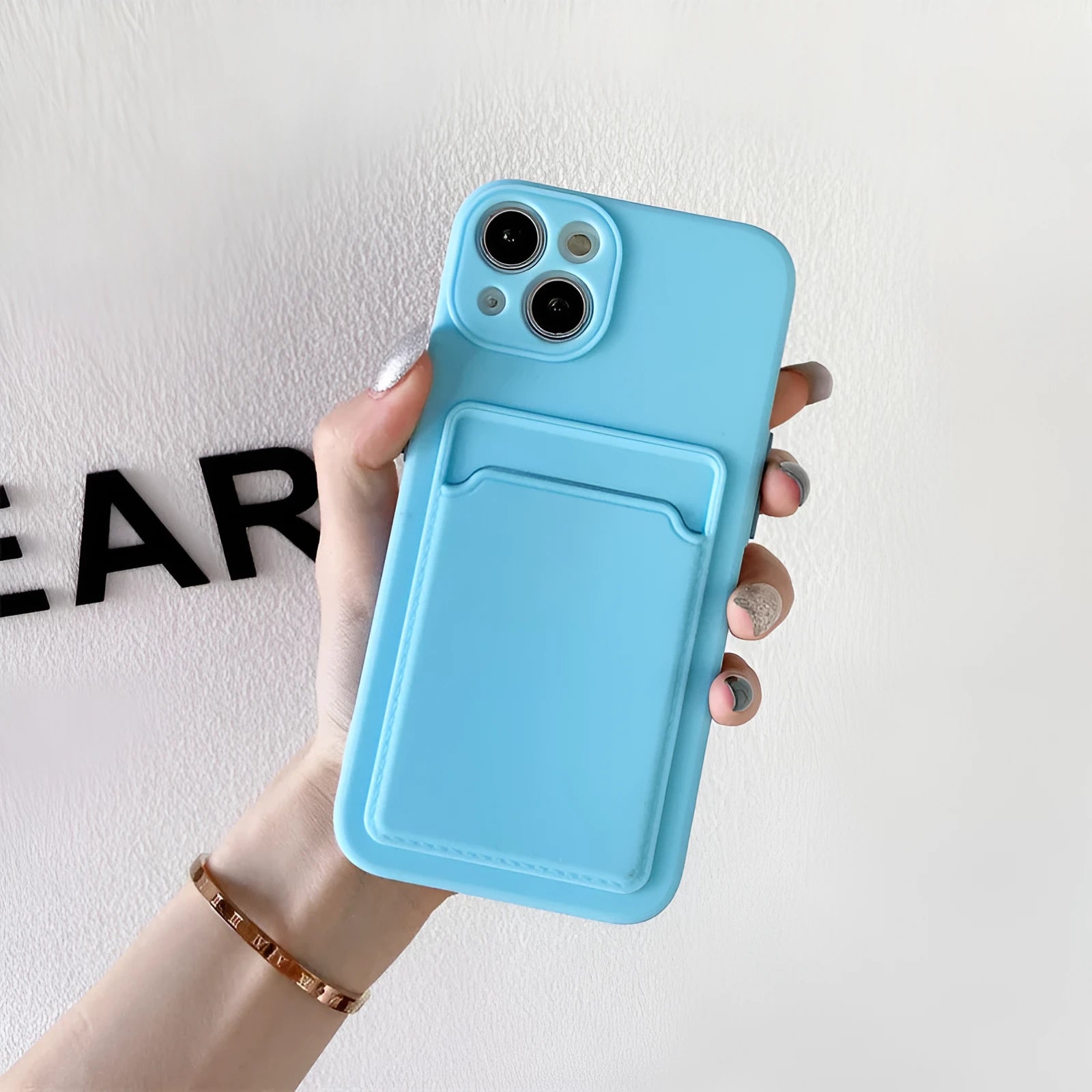 Sky blue silicone iPhone case with card slot for iPhone 13 14 15 16 series models