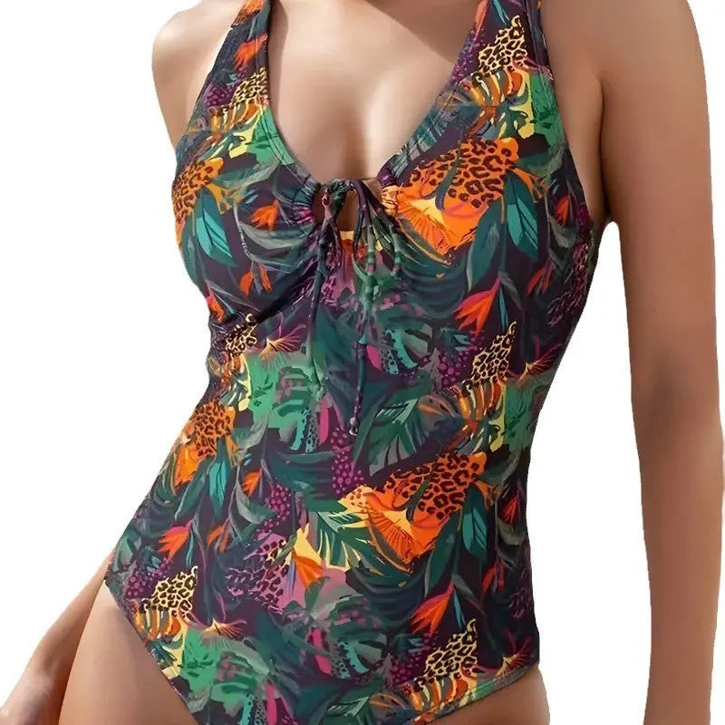 Women's one-piece printed triangle swimsuit in high-elasticity polyester, backless design, sleeveless, size S to XL