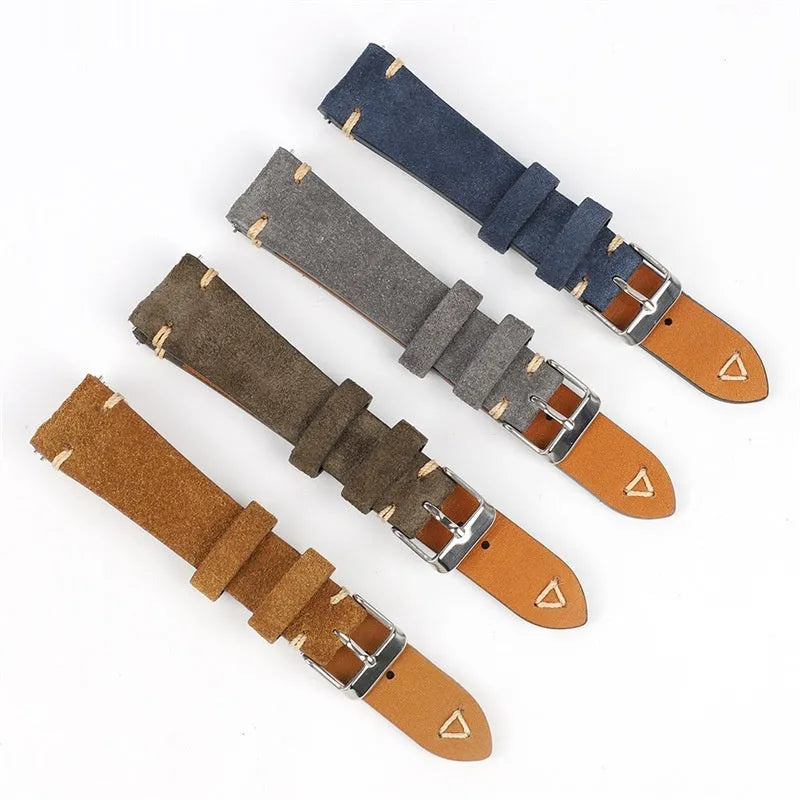 Suede genuine leather watch strap in brown, blue, grey and Army Green colours showing ethnic style detail.