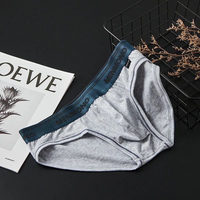 Men's low-waist cotton briefs in a colour-block design on a size chart.