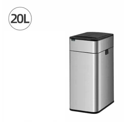 Stainless steel smart inductive trash can with square shape and automatic lid.