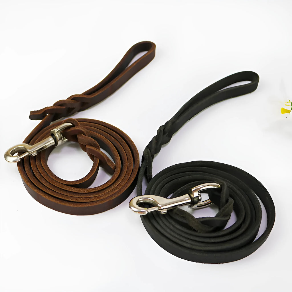 Cowhide leather dog lead rope for medium to large breeds showing thickened hand grip section