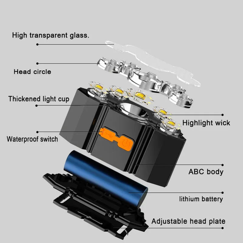 Head-mounted LED miner's lamp with adjustable strap, showing the 10W light unit and included data cable.