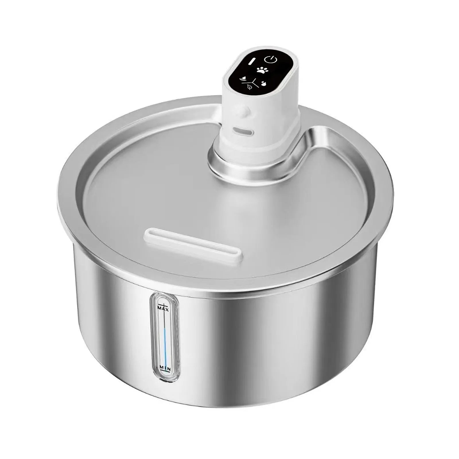 White stainless steel pet water fountain with digital thermostat base on a wooden table.