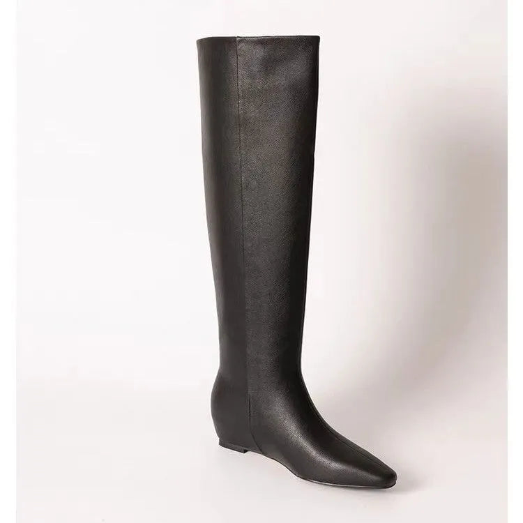 Retro style square toe tall knight boots in black with mid heel and cowhide upper