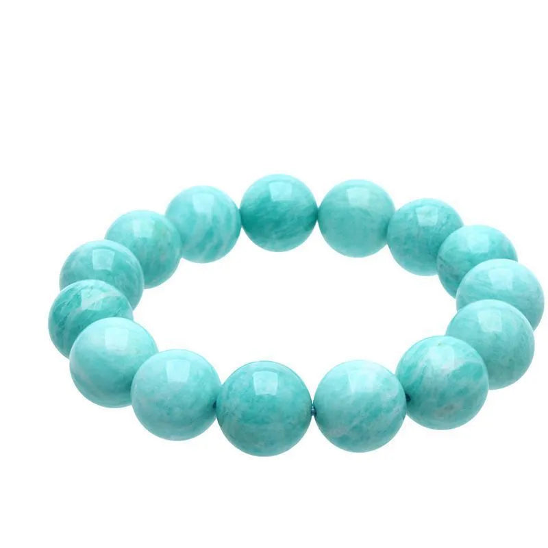 Amazonite gemstone bracelet showing natural blue-green beads in one of three available sizes: 8mm, 9mm or 10mm diameter