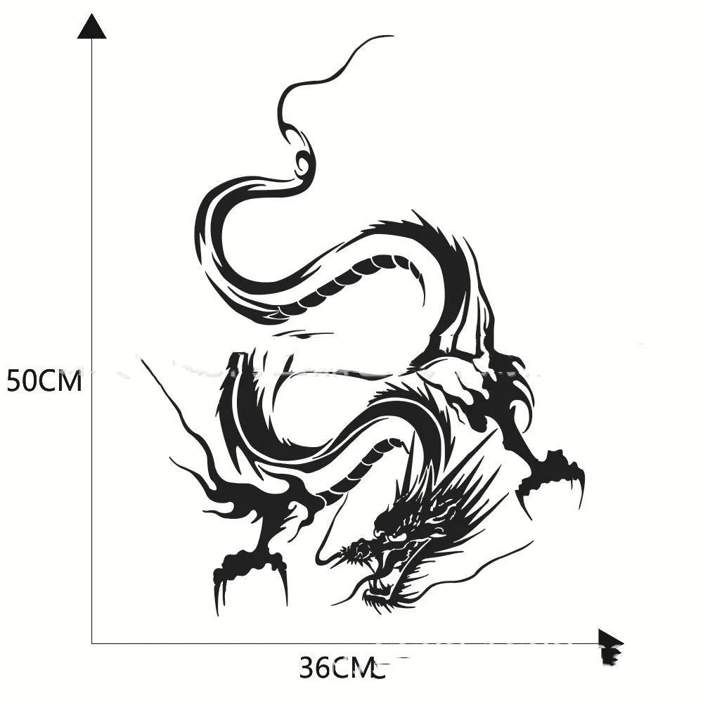 Large black dragon design car body sticker for front end application, showing 50x36cm size.