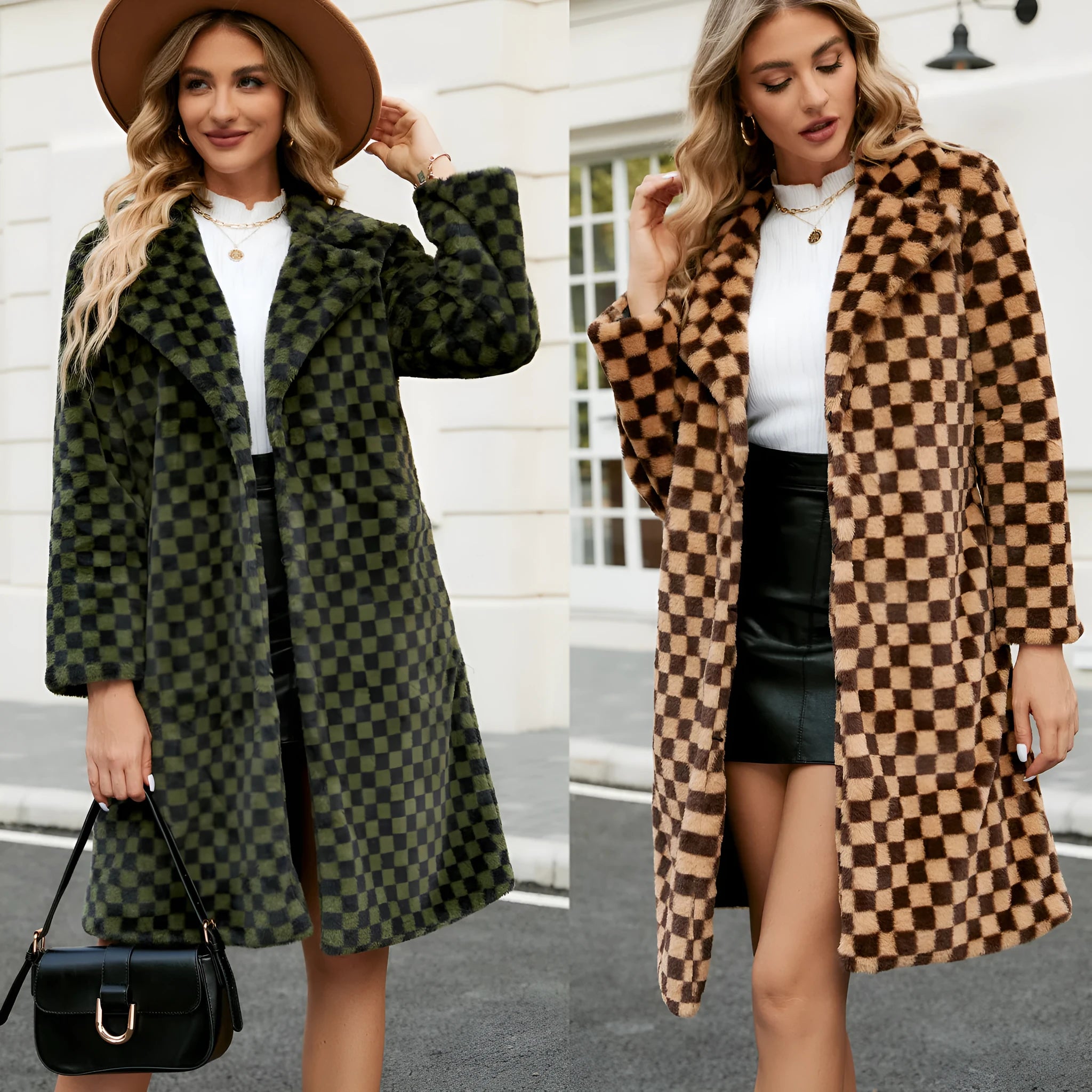 Women's mid-length plush coat in brown plaid artificial fur with loose fit and conventional sleeves