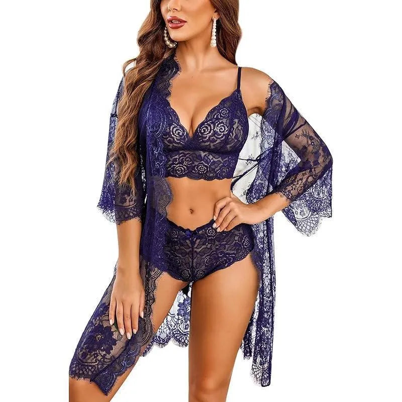 Ladies lace underwear set in polyester fibre, shown in multiple colours including wine red, peacock blue, and black.