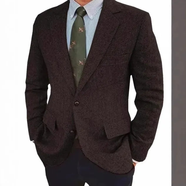 Men's brown herringbone pattern suit jacket with long sleeves and a flax lining.