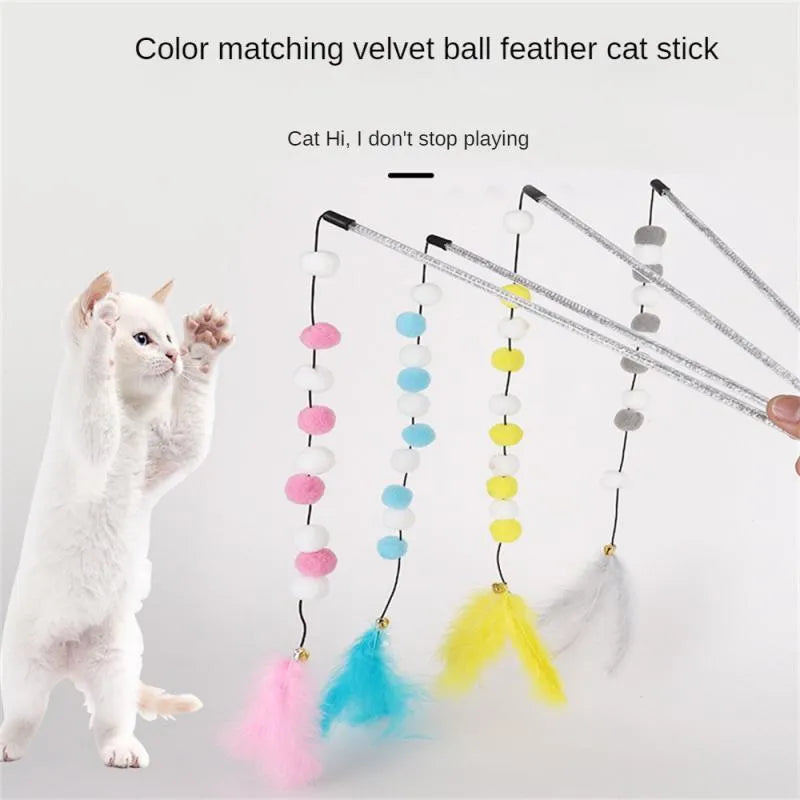 31cm long cat teaser stick with acrylic pompon and feather attachments in contrasting colours