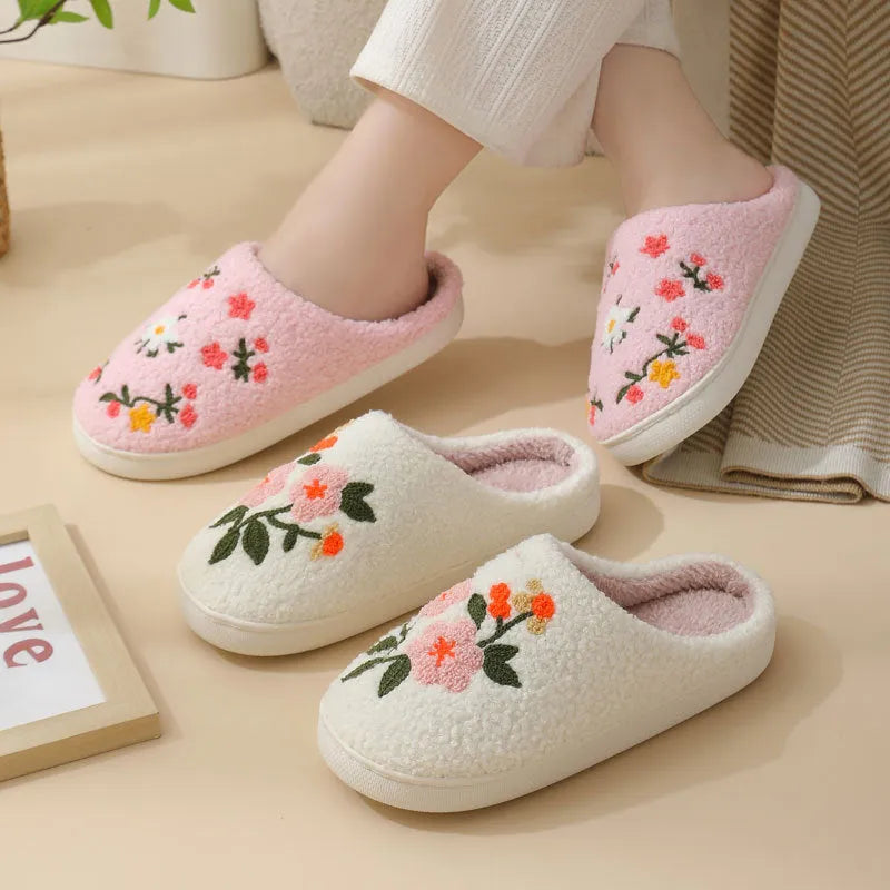 Three-colour flower cotton slippers with plush upper, embroidered detail and TPR sole in sizes 36-45