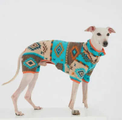 Thick four-legged dog clothing with diamond pattern in red for autumn and winter, side view on a dog