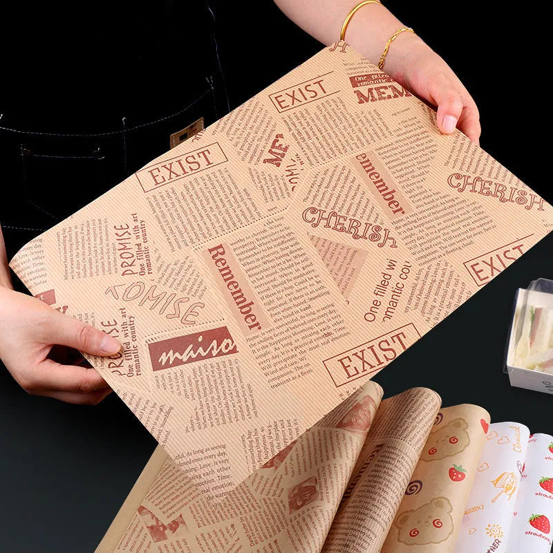 Microwaveable food grade anti-oil baking paper sheets, 28x38cm, in English, newspaper or retro kraft style, 50 or 100 pack