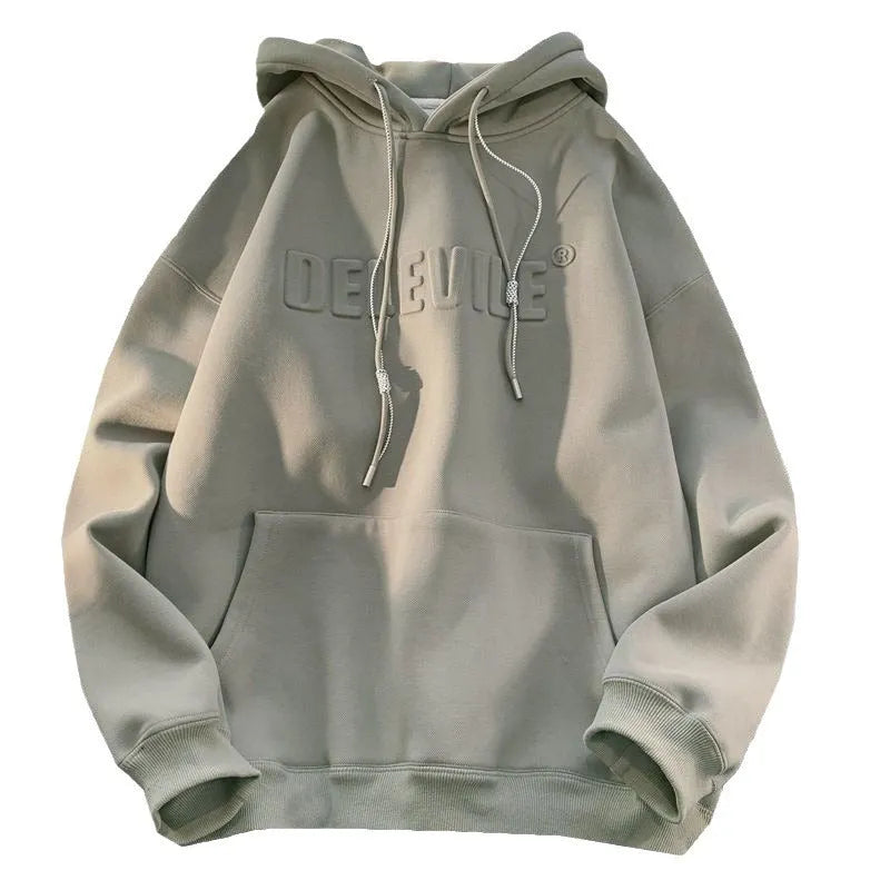 Men's hooded hoodie in American-style loose fit, polyester long sleeve top in black