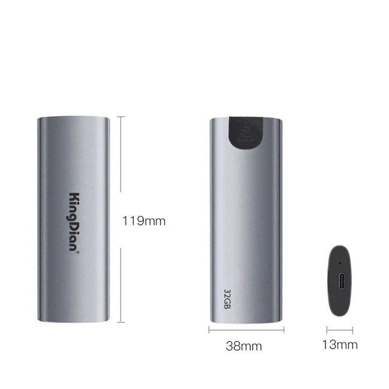 Grey external SSD with USB 3.0 interface for direct mobile phone connection showing compact dimensions