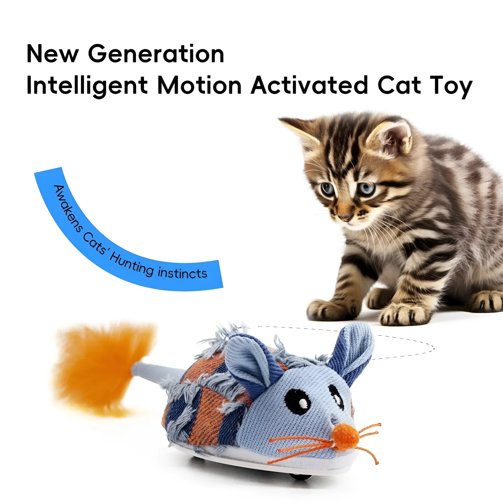 Blue electronic moving mouse cat toy with feather and sound box, showing 18cm length