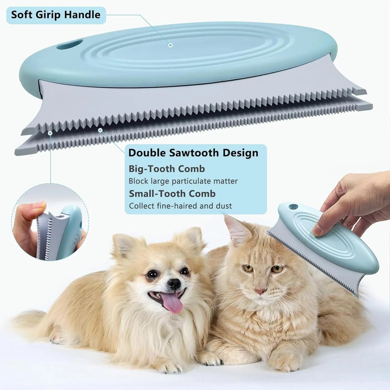 Green three-piece pet hair remover set with metal shaver, silicone brush and round cleaner tools