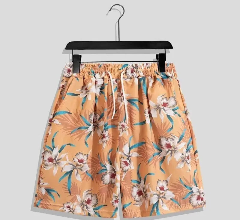 Men's casual geometric printed quick-drying polyester shorts in loose fit, mid waist, drawstring closure