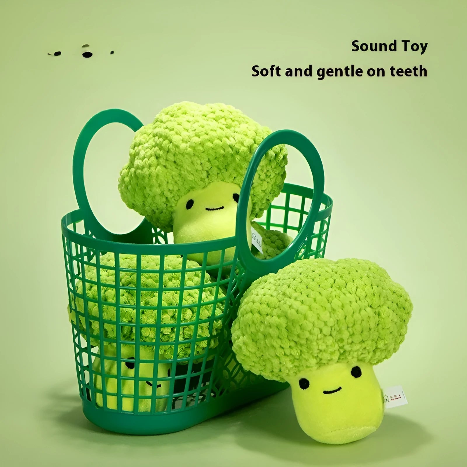 Green broccoli-shaped dog plush sound toy for molar teeth cleaning and interactive play