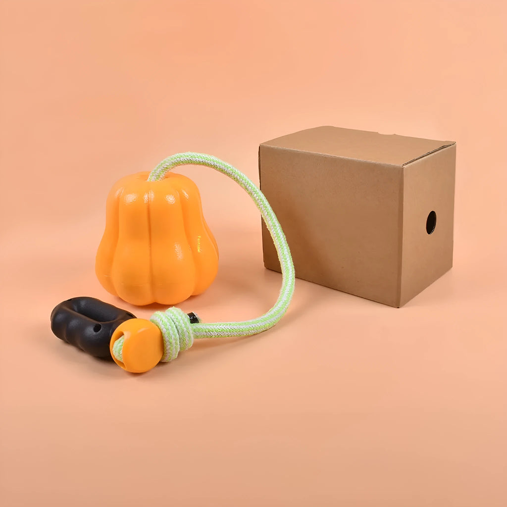Orange plastic dog molar chew toy with a built-in rope for tugging and fetch.