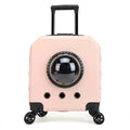 PVC hard-shell pet trolley case in orange colour with wheels and carrying handle.