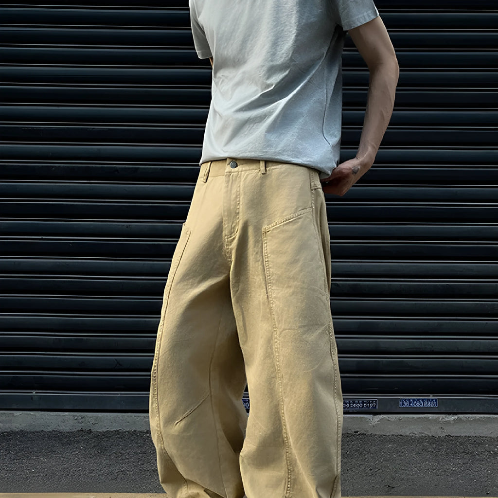 Khaki coloured men's straight leg cotton trousers on a white background