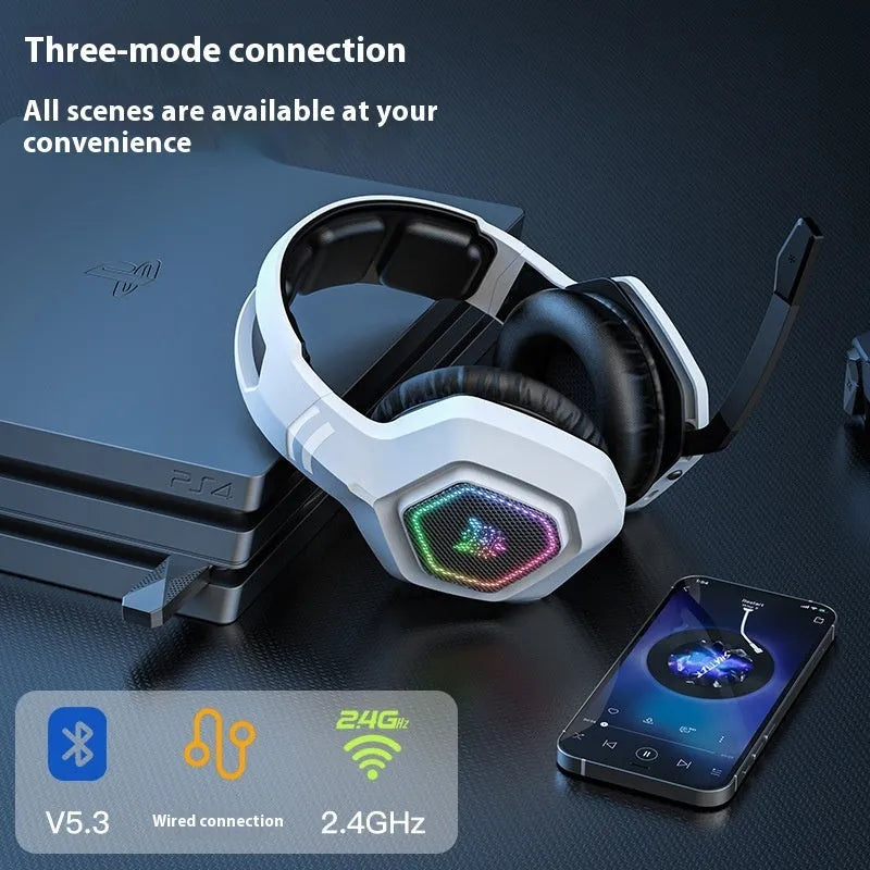 Wireless gaming headset with RGB luminous lighting, Bluetooth and 2.4G connectivity, in black