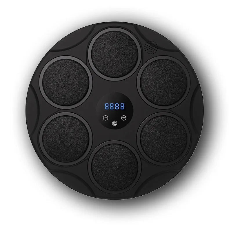 Black wall-mounted boxing target with coloured LED lights and Bluetooth connectivity for smart fitness training