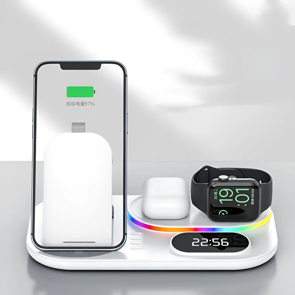 Magnetic four-in-one wireless charging power bank with watch support in black finish