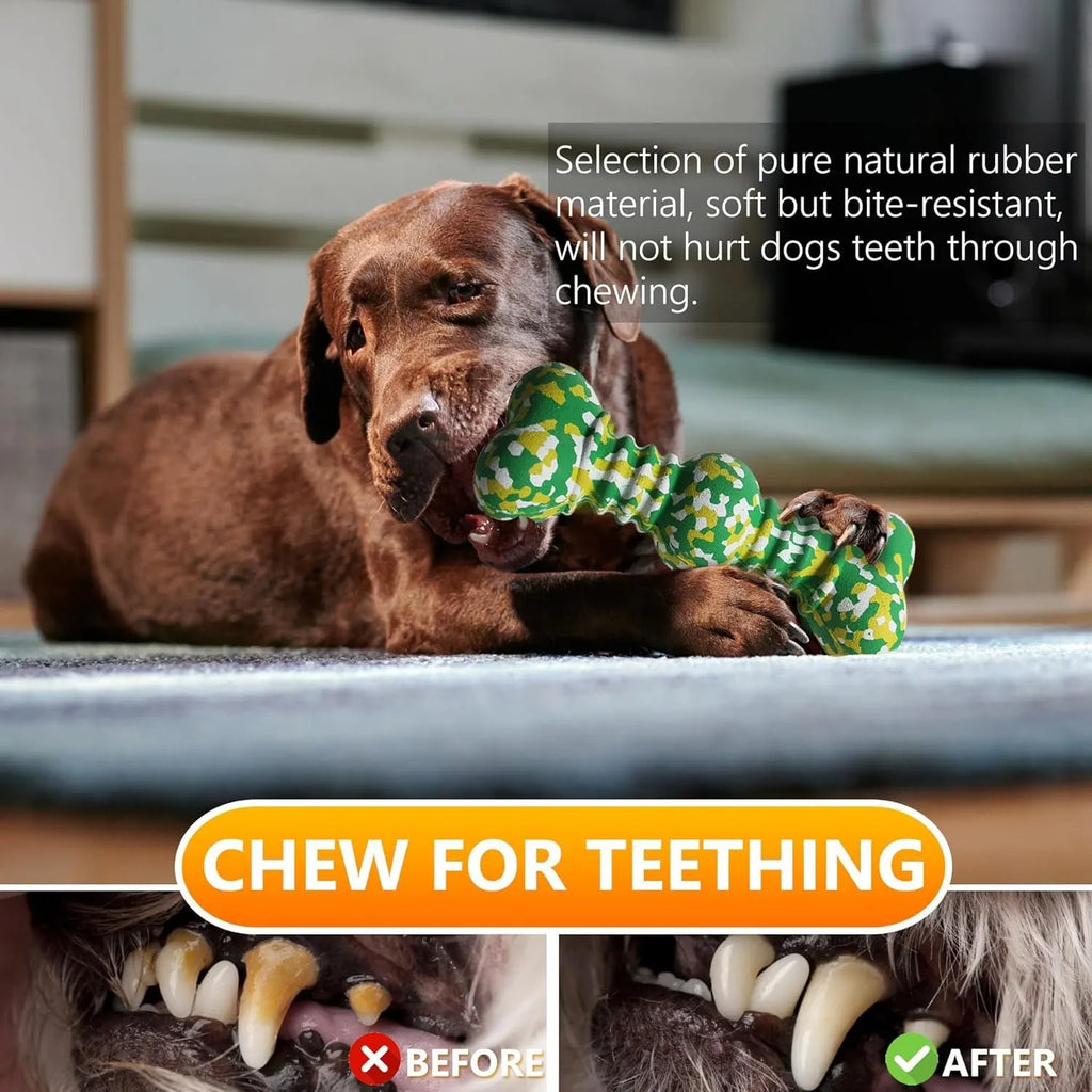 Natural rubber bone-shaped dog chew toy with camouflage pattern in two sizes for medium and large breed dogs
